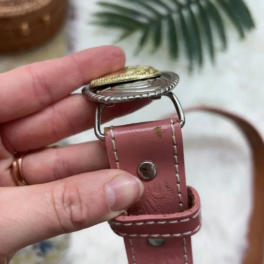 Nocona Pink Leather Belt Girls 28 Silver Gold Horse Buckle Western Cowgirl
